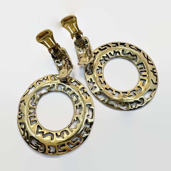 Door Knocker Earrings, Convertible, 1980s, 80s, Clips, Huggies, Gold Tone, Big - Picture 4 of 5